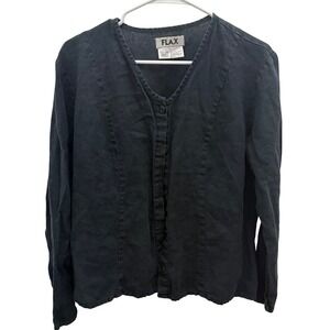 FLAX Black Linen Button Up Long Sleeve Blouse Top Womens Small Tie Back Casual
